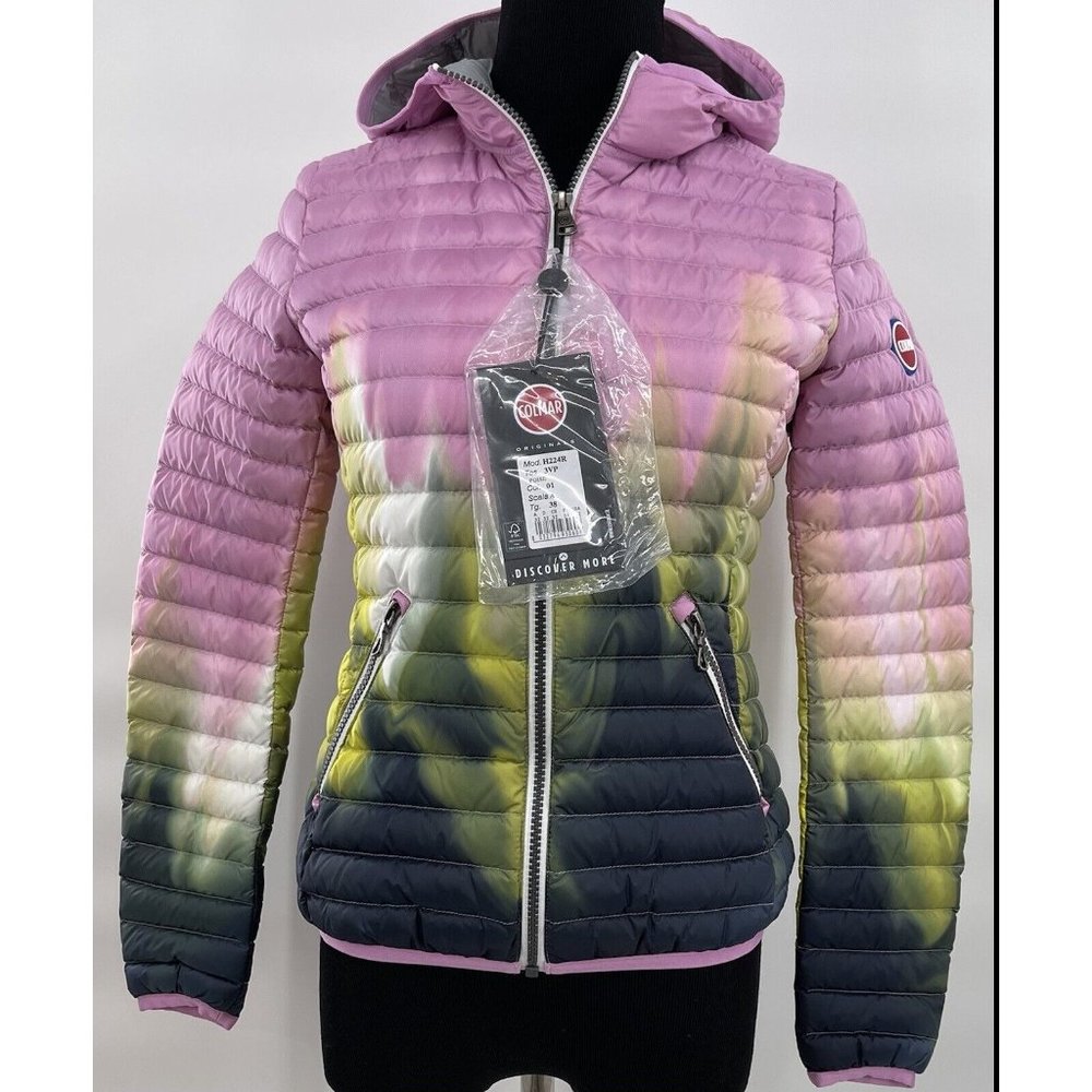 Colmar Womens Tie-dye Effect Down Jacket Hoodie Sz 38 USA 2 NWT Pink Yellow Blue